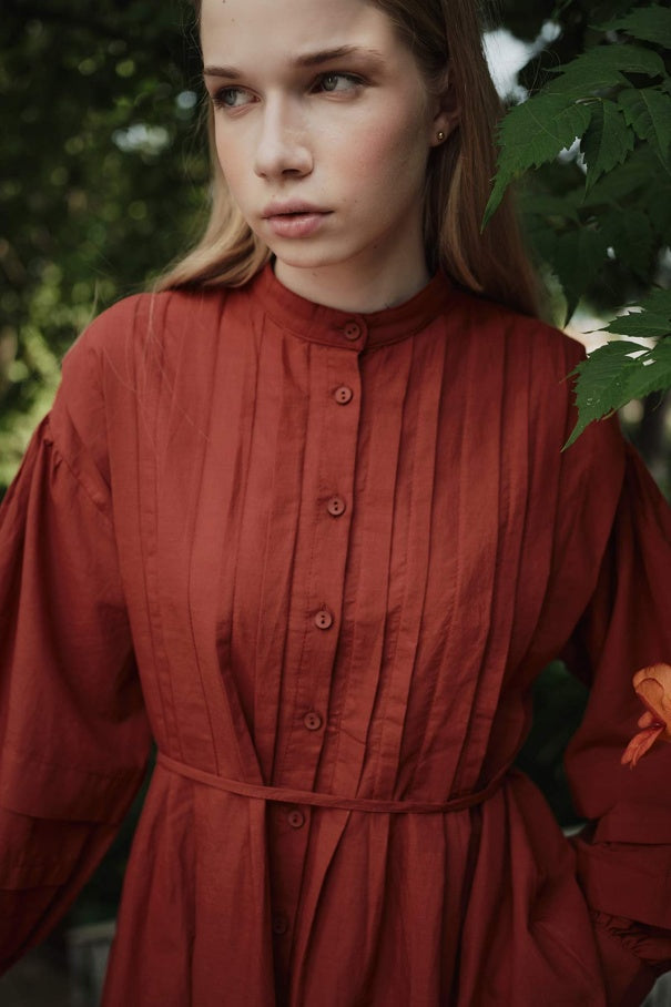 Niva - 100% Cotton Voile Shirt with Pin-Tuck Details & Brick