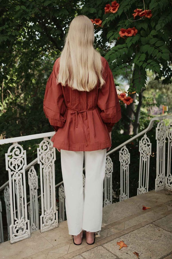 Niva - 100% Cotton Voile Shirt with Pin-Tuck Details & Brick