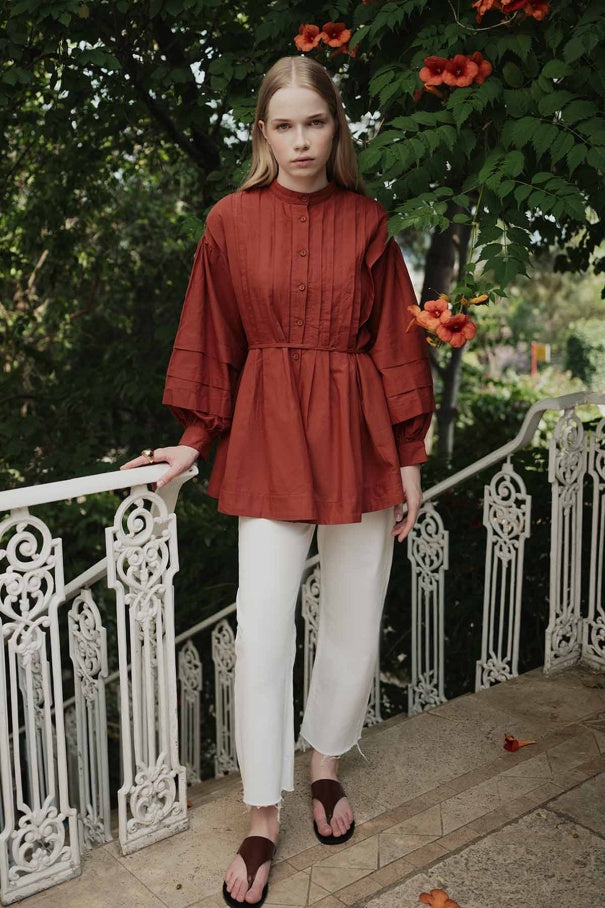 Niva - 100% Cotton Voile Shirt with Pin-Tuck Details & Brick