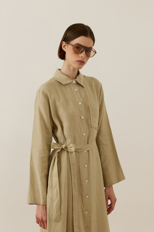Sara 100% Linen Dress - Sage Green
