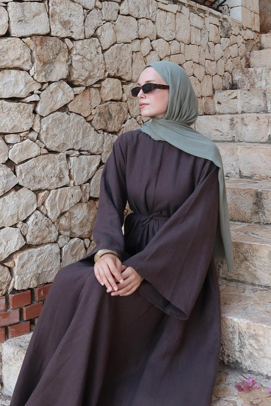 Sera 100% Linen Deep Brown Dress – Relaxed Sleeves, Cinched Waist