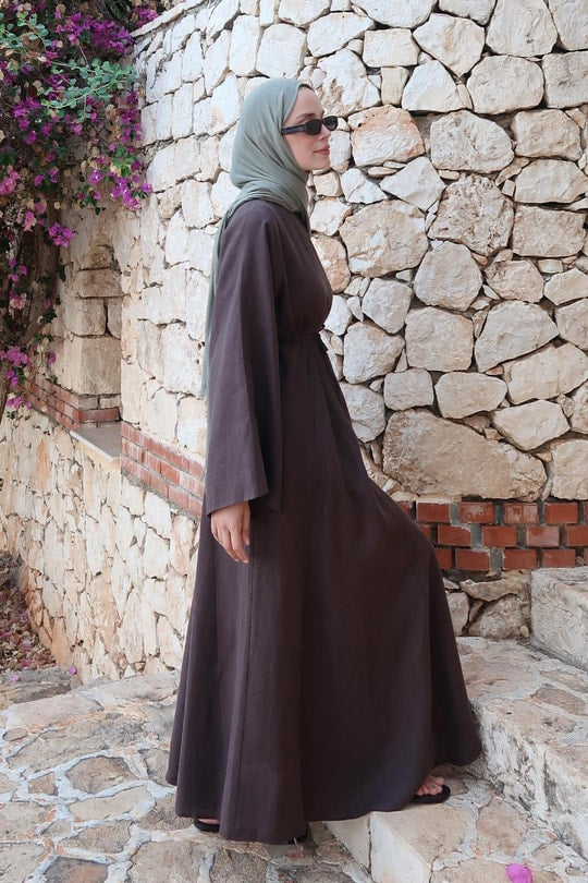 Sera 100% Linen Deep Brown Dress – Relaxed Sleeves, Cinched Waist