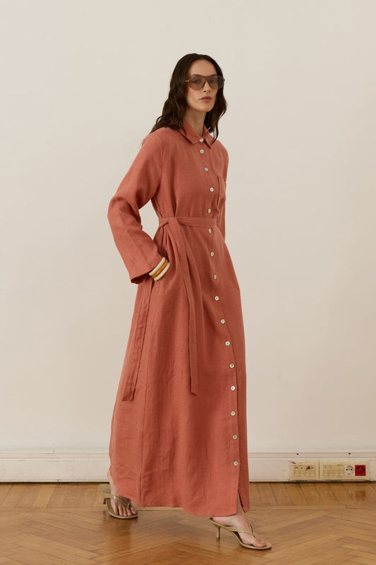 Sara 100% Linen Dress - Terracotta
