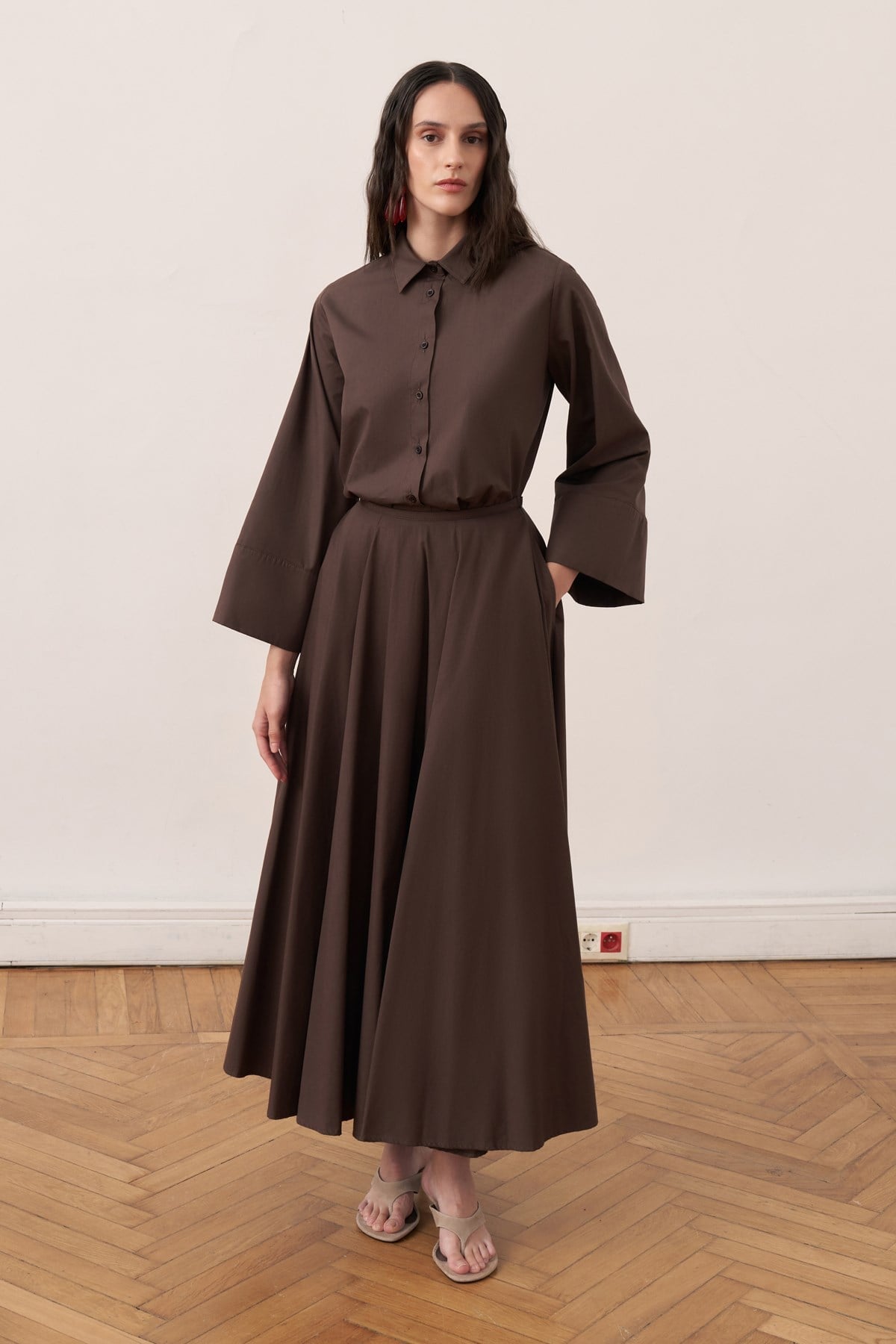 Salina Cotton 2-piece Shirt & Skirt Set - Dark Brown