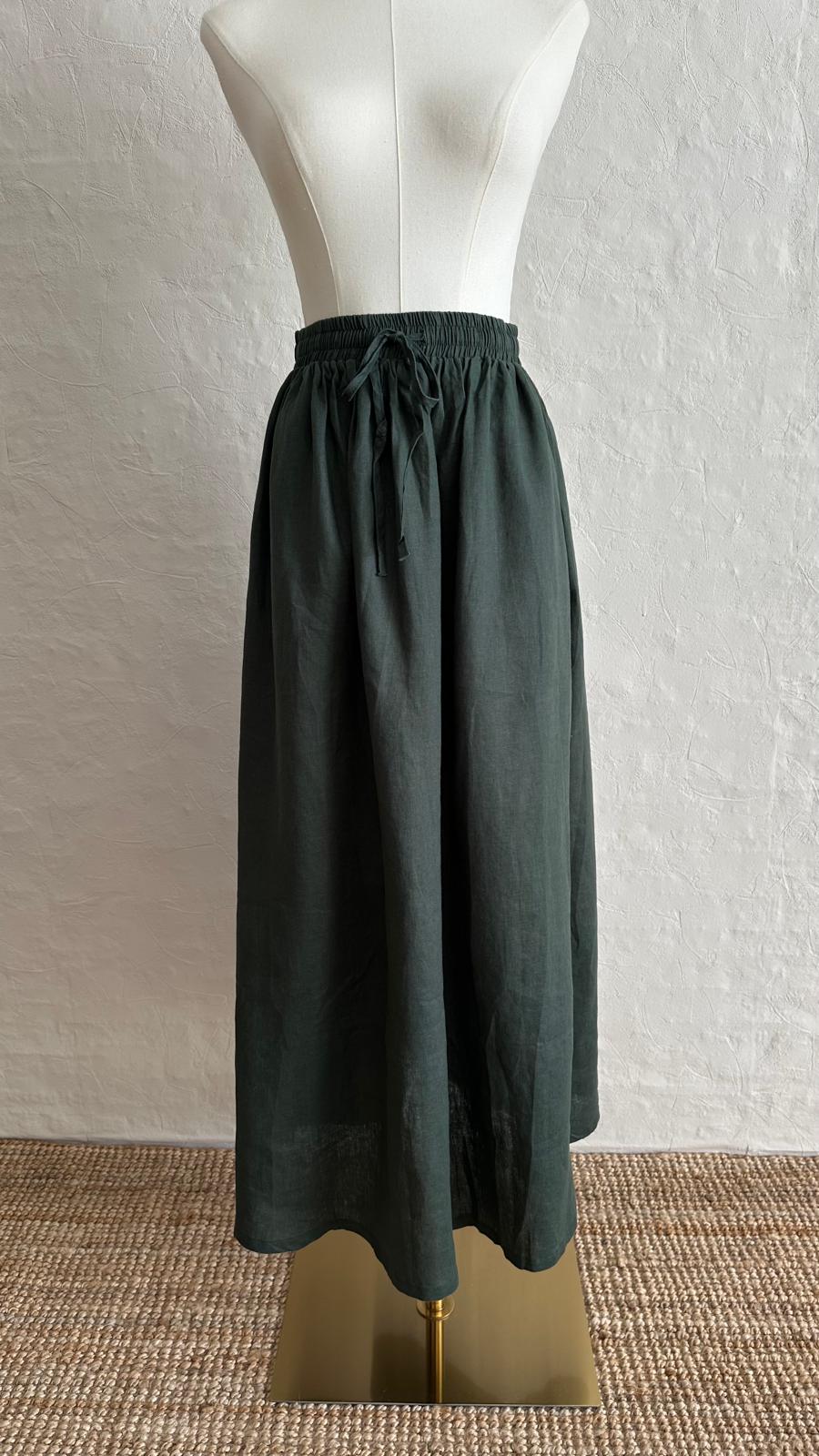 100% Linen 2-Pieces Top & Skirt Set - Grass Green