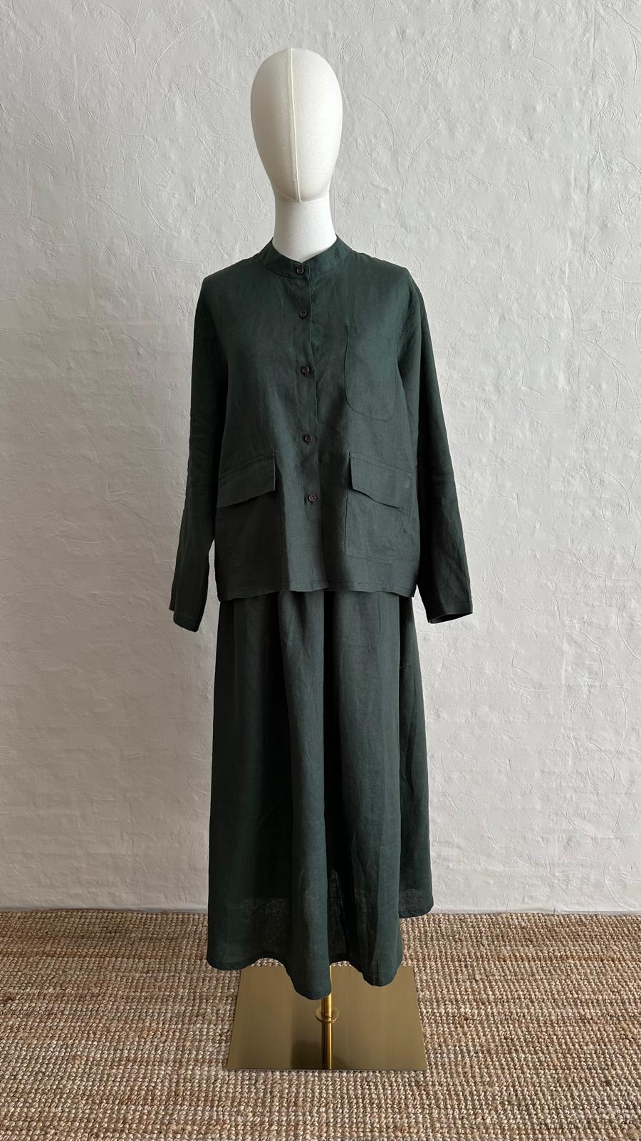 100% Linen 2-Pieces Top & Skirt Set - Grass Green