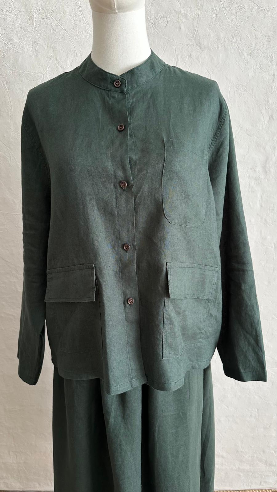 100% Linen 2-Pieces Top & Skirt Set - Grass Green