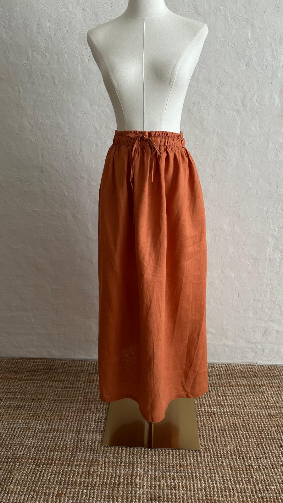 100% Linen 2-Pieces Top & Skirt Set - Orange