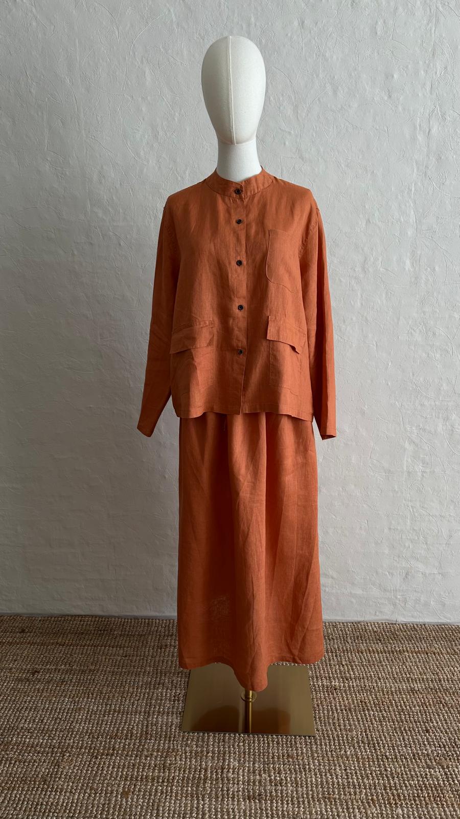 100% Linen 2-Pieces Top & Skirt Set - Orange
