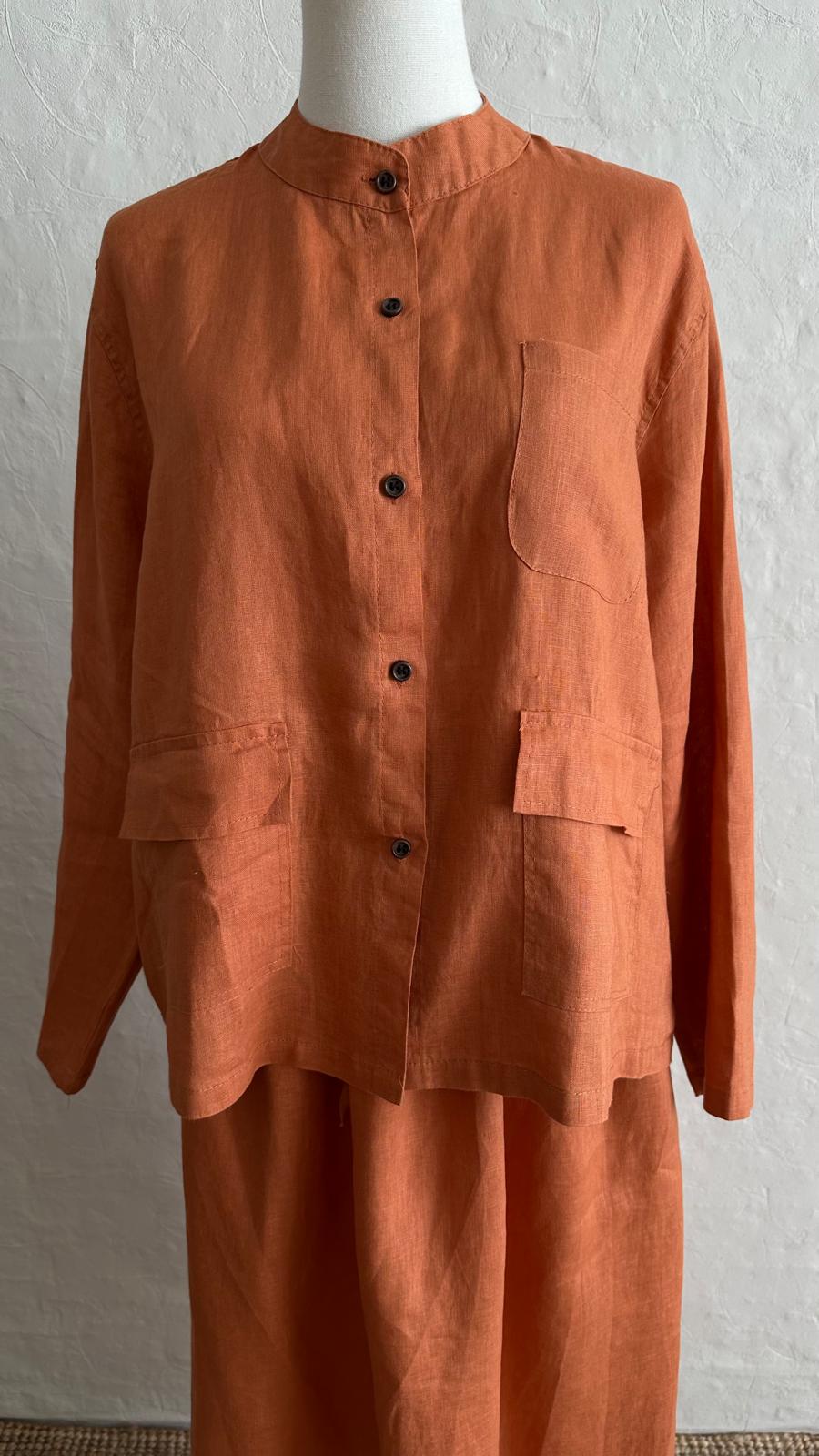 100% Linen 2-Pieces Top & Skirt Set - Orange