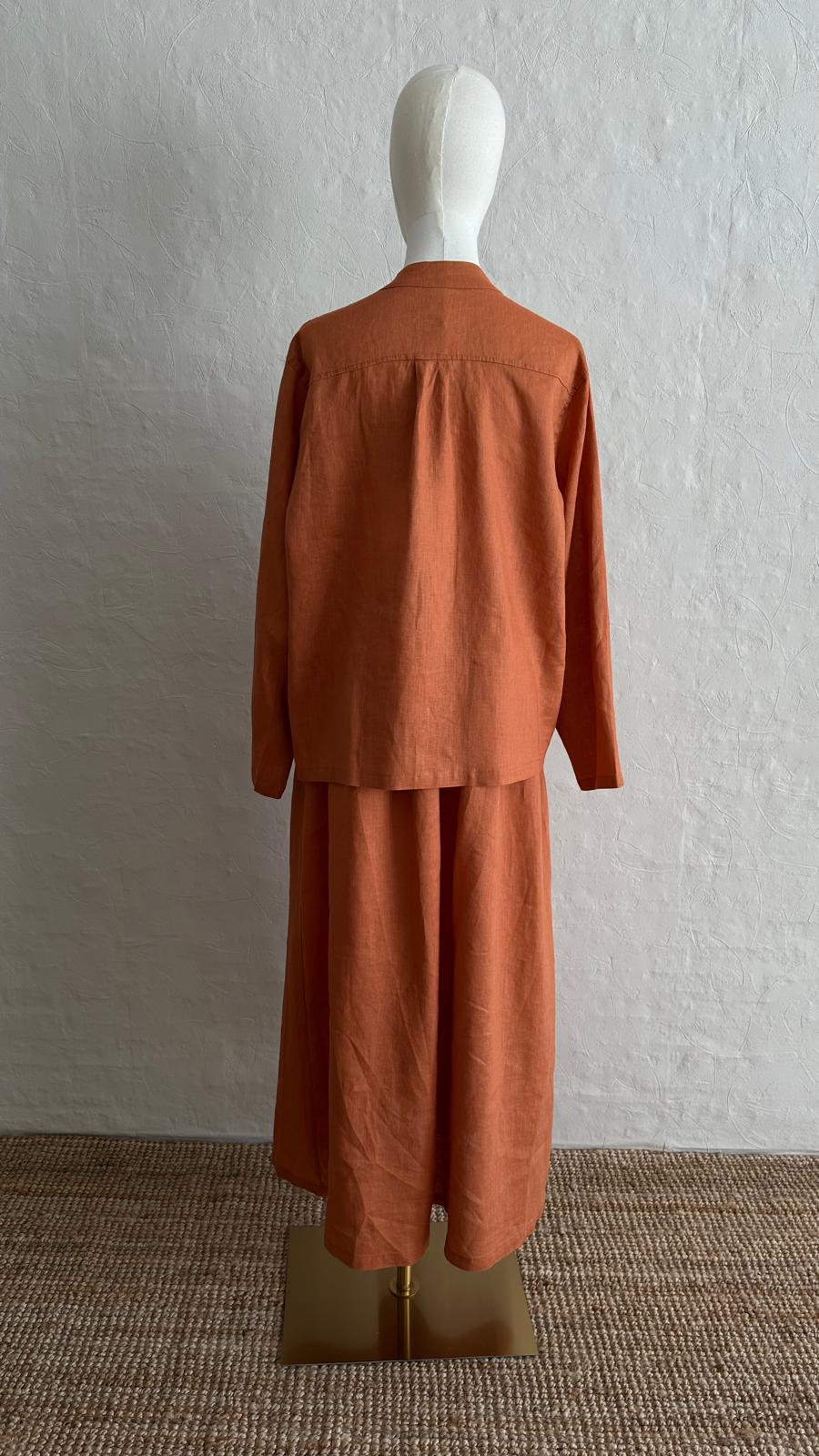 100% Linen 2-Pieces Top & Skirt Set - Orange