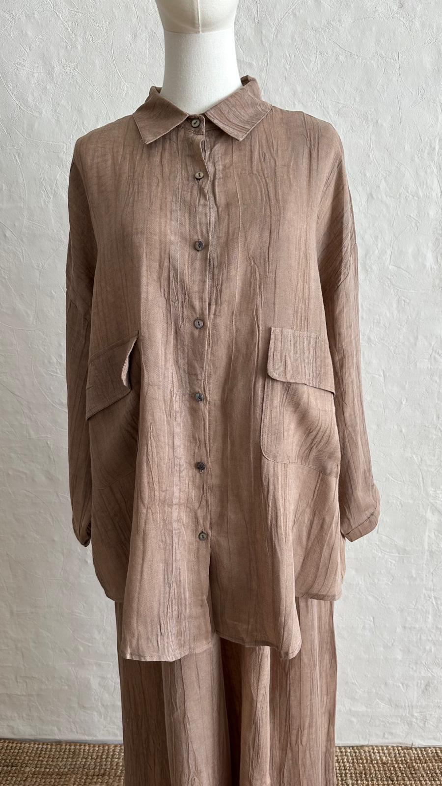 Lino Linen 2-piece Trousers-Shirt Set - Desert Brown