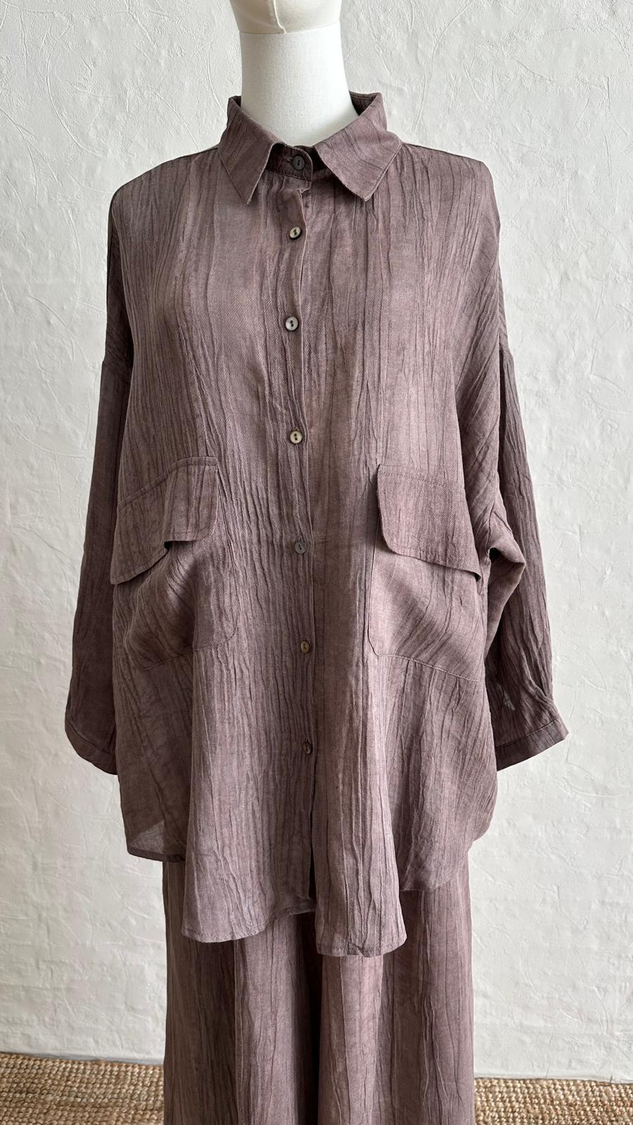Lino Linen 2-piece Trousers-Shirt Set - Plum
