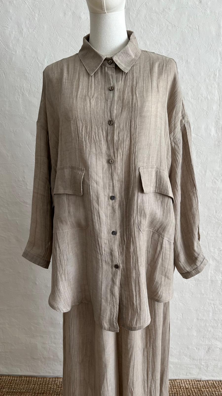 Lino Linen 2-piece Trousers-Shirt Set - Pebble