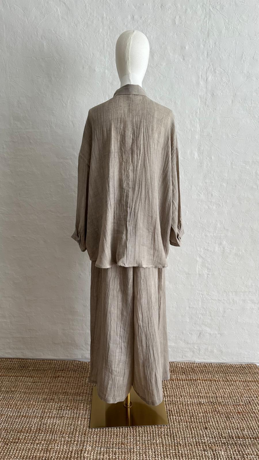 Lino Linen 2-piece Trousers-Shirt Set - Pebble