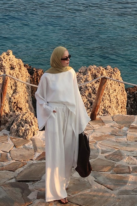 Noor Pants β 100% Linen Wide-Leg Trousers in White | Breathable, Modest Fit