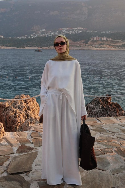 Noor Pants β 100% Linen Wide-Leg Trousers in White | Breathable, Modest Fit