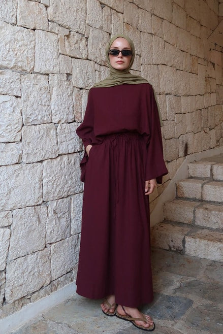 Ela Top – Linen Blouse in Burgundy | Flowy, Modest Fit