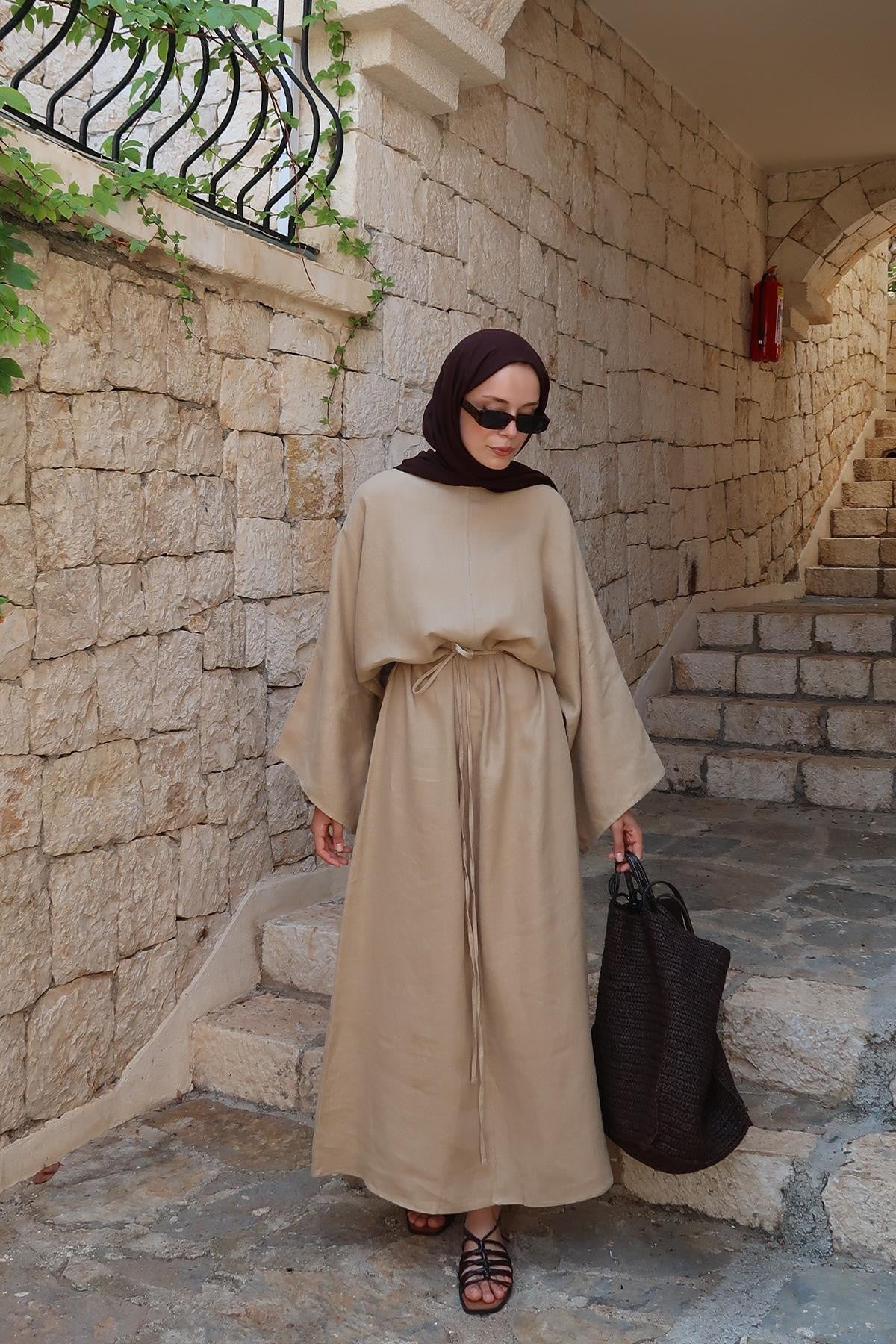 Rava Dress β 100% Linen Maxi Dress in Camel Beige | Adjustable Waist, Flowy Sleeves