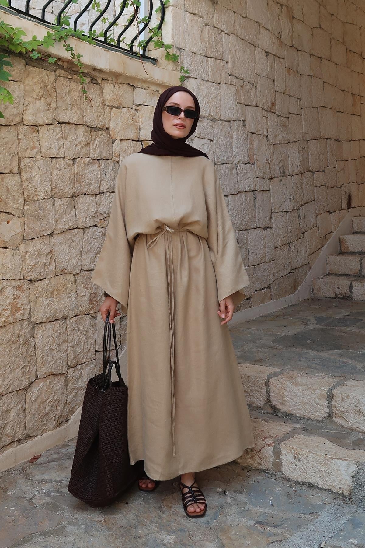 Rava Dress β 100% Linen Maxi Dress in Camel Beige | Adjustable Waist, Flowy Sleeves