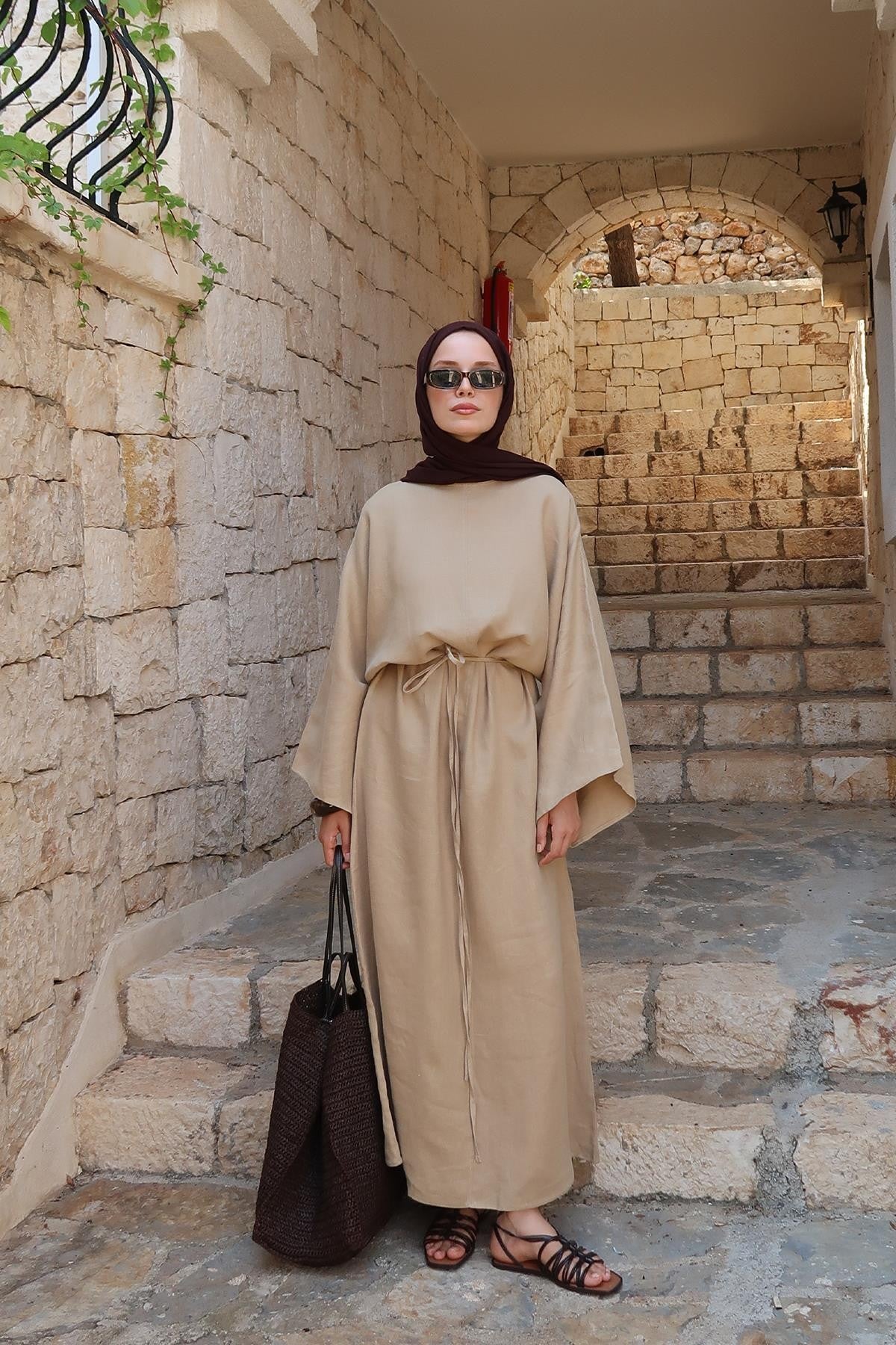 Rava Dress β 100% Linen Maxi Dress in Camel Beige | Adjustable Waist, Flowy Sleeves