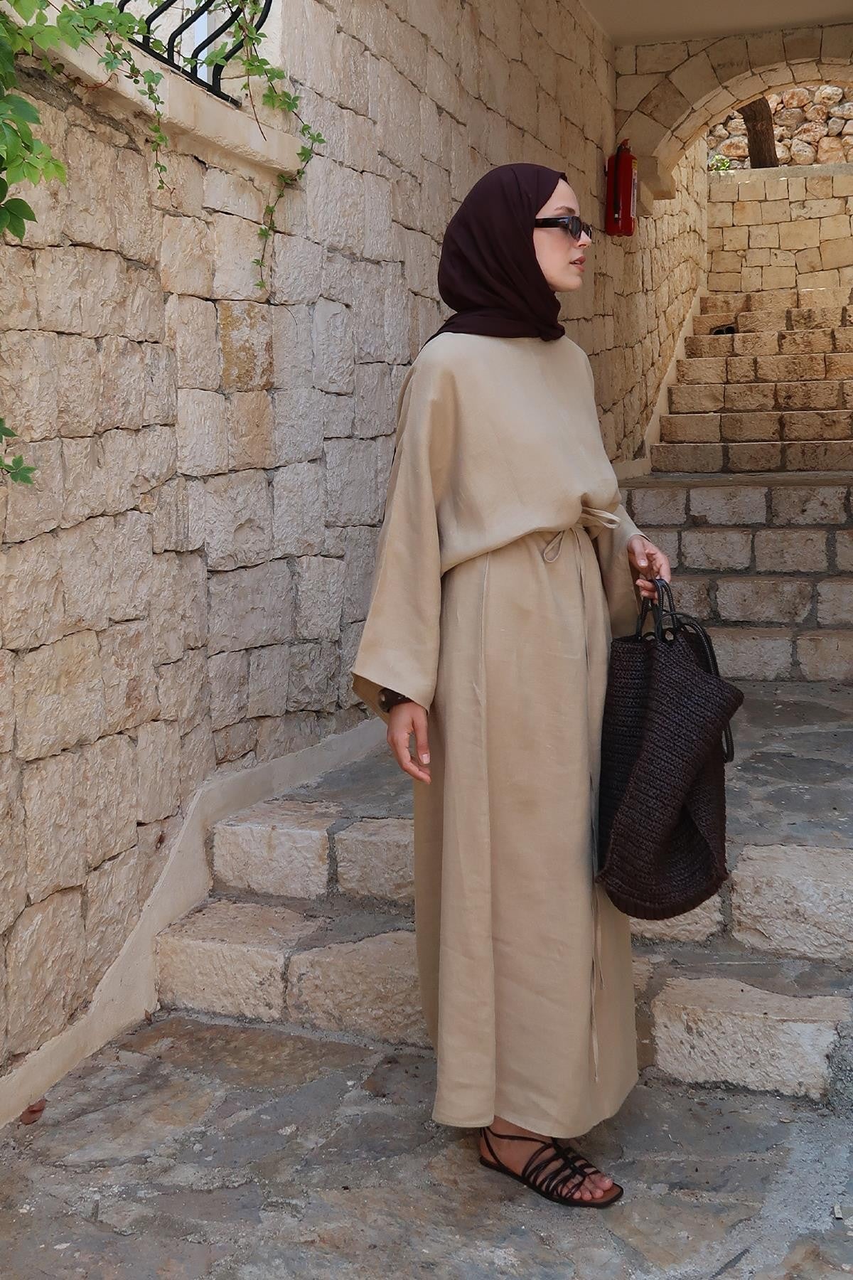 Rava Dress β 100% Linen Maxi Dress in Camel Beige | Adjustable Waist, Flowy Sleeves