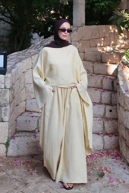 Noor Pants – 100% Linen Wide-Leg Trousers in Butter | Breathable, Modest Fit