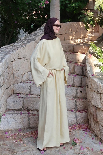 Noor Pants – 100% Linen Wide-Leg Trousers in Butter | Breathable, Modest Fit