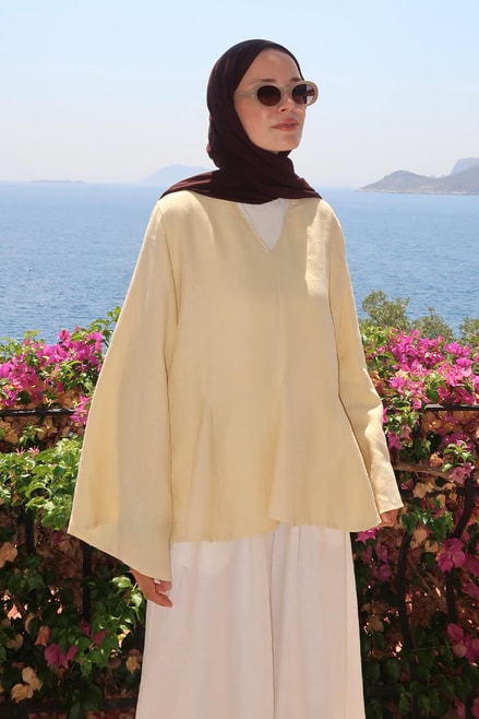 Alora Top β 100% Linen Blouse in Butter Yellow | Adjustable Waist, Flowy Sleeves