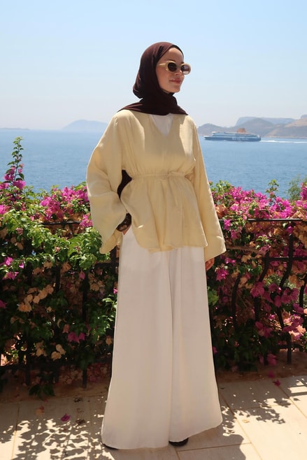 Alora Top β 100% Linen Blouse in Butter Yellow | Adjustable Waist, Flowy Sleeves