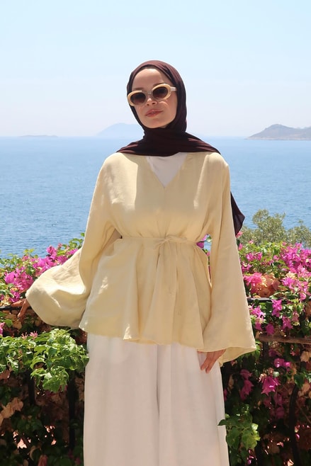 Alora Top β 100% Linen Blouse in Butter Yellow | Adjustable Waist, Flowy Sleeves