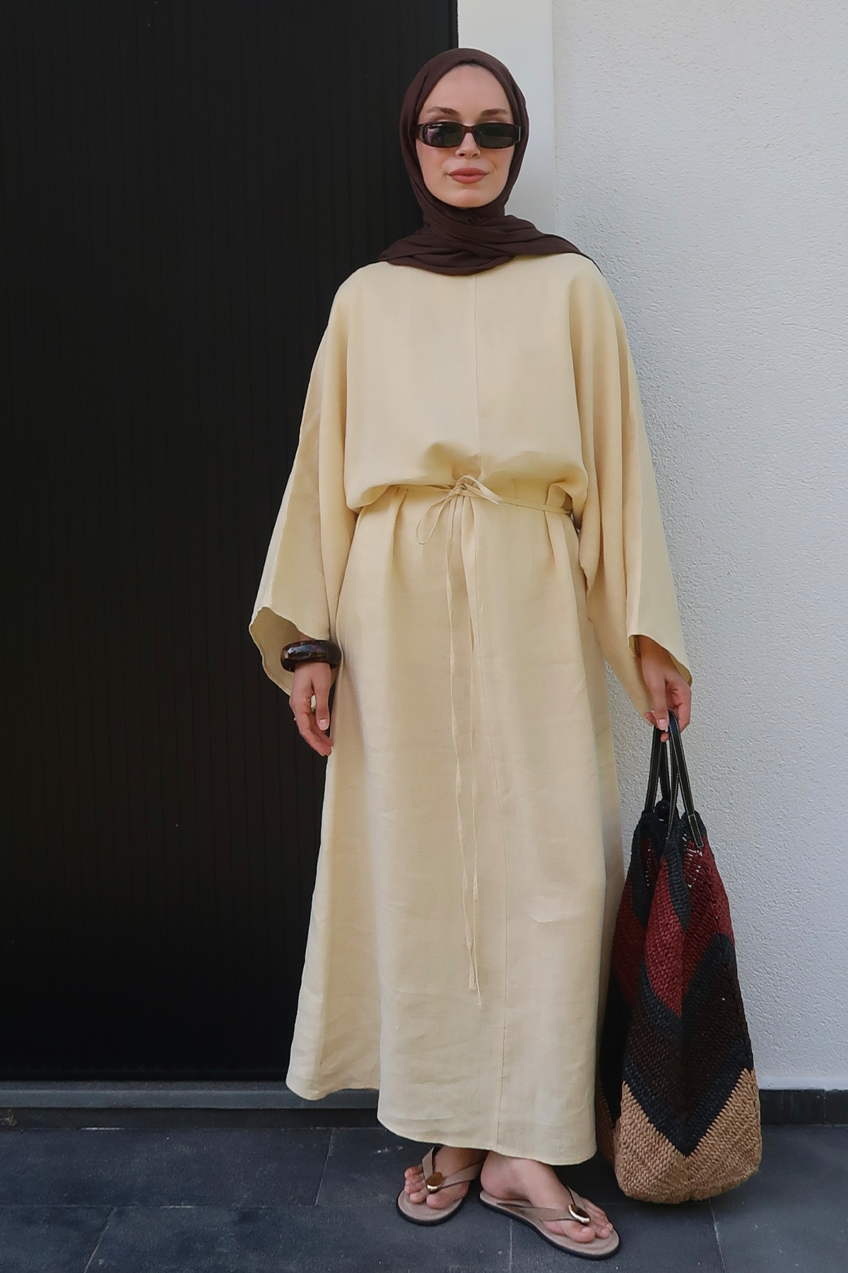 Rava Dress – 100% Linen Maxi Dress in Butter Yellow | Adjustable Waist, Flowy Sleeves