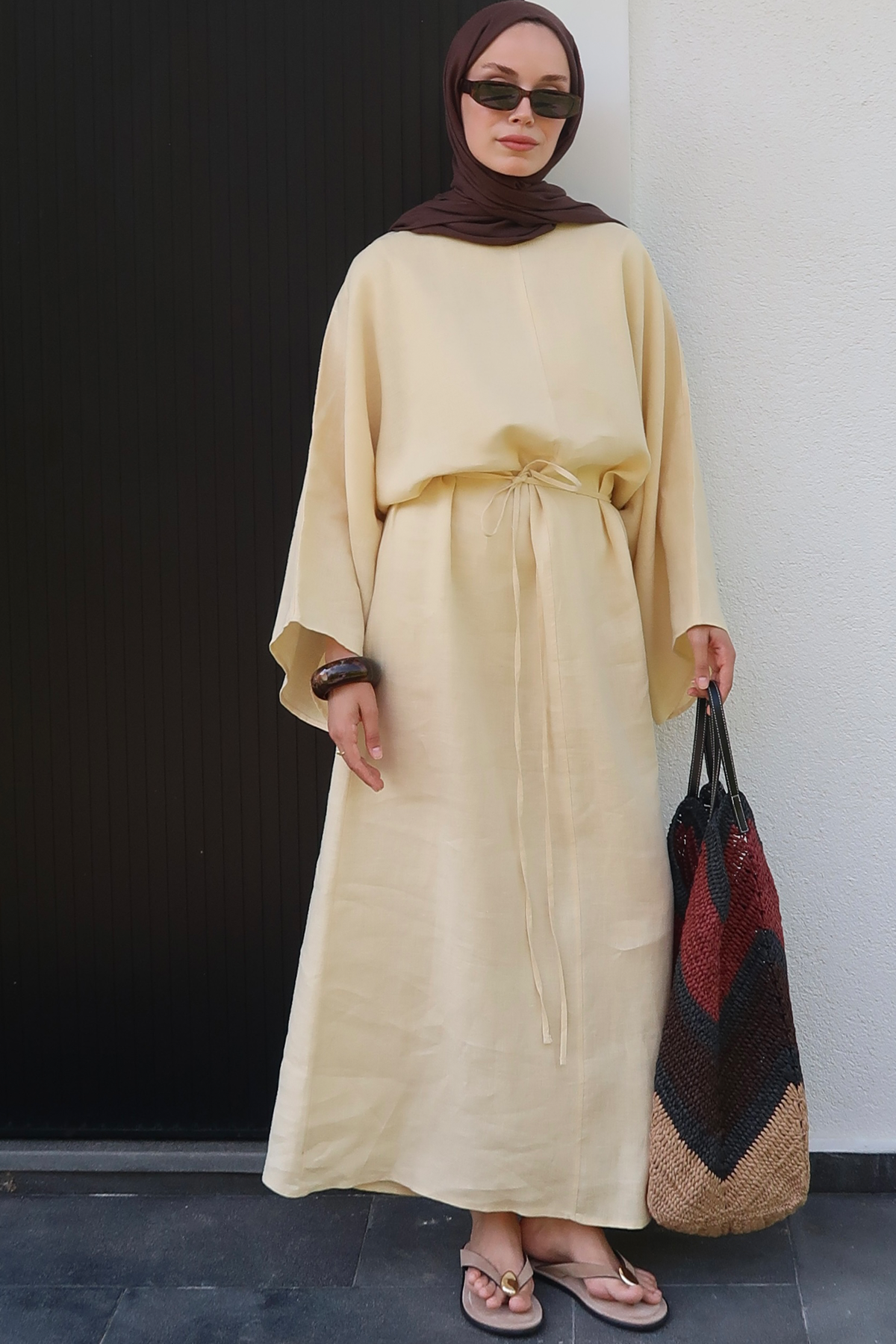 Rava Dress – 100% Linen Maxi Dress in Butter Yellow | Adjustable Waist, Flowy Sleeves