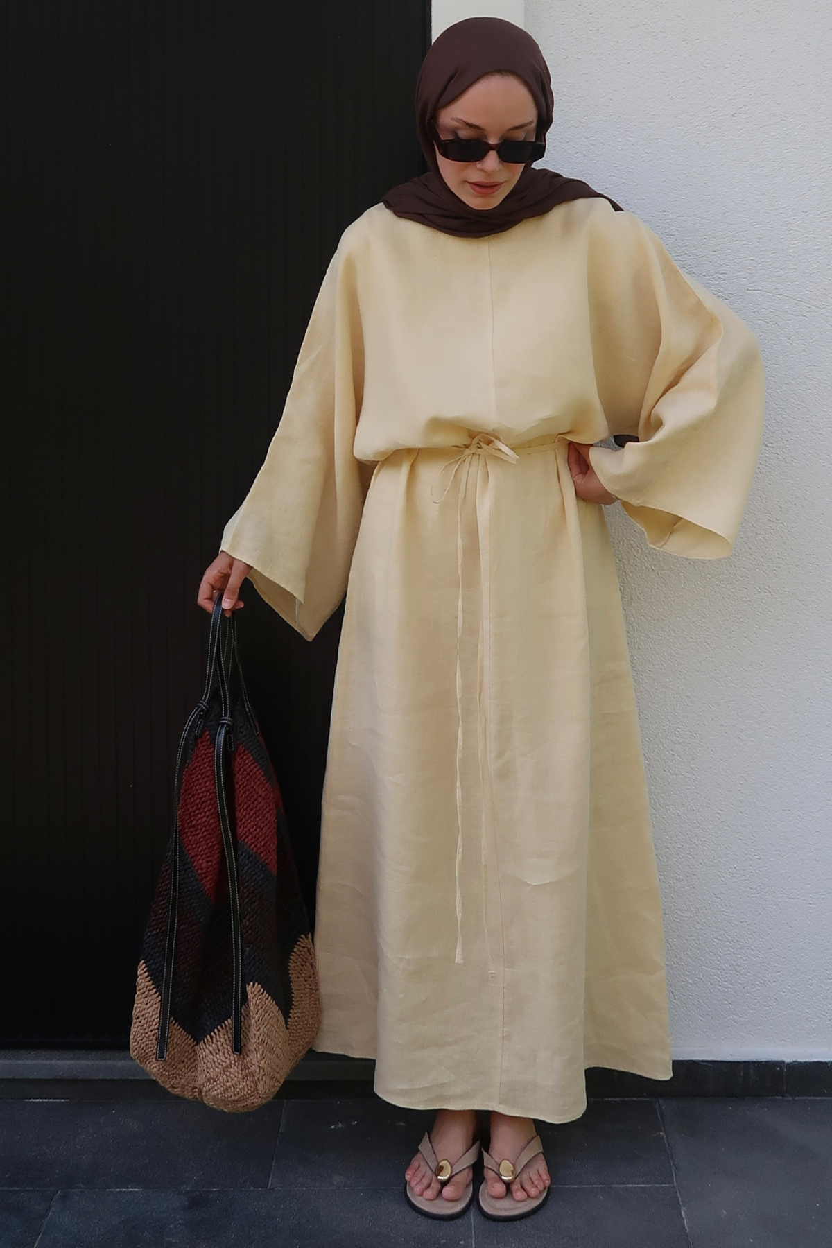 Rava Dress – 100% Linen Maxi Dress in Butter Yellow | Adjustable Waist, Flowy Sleeves