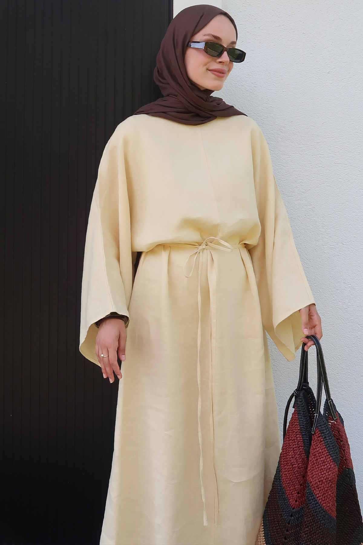 Rava Dress – 100% Linen Maxi Dress in Butter Yellow | Adjustable Waist, Flowy Sleeves