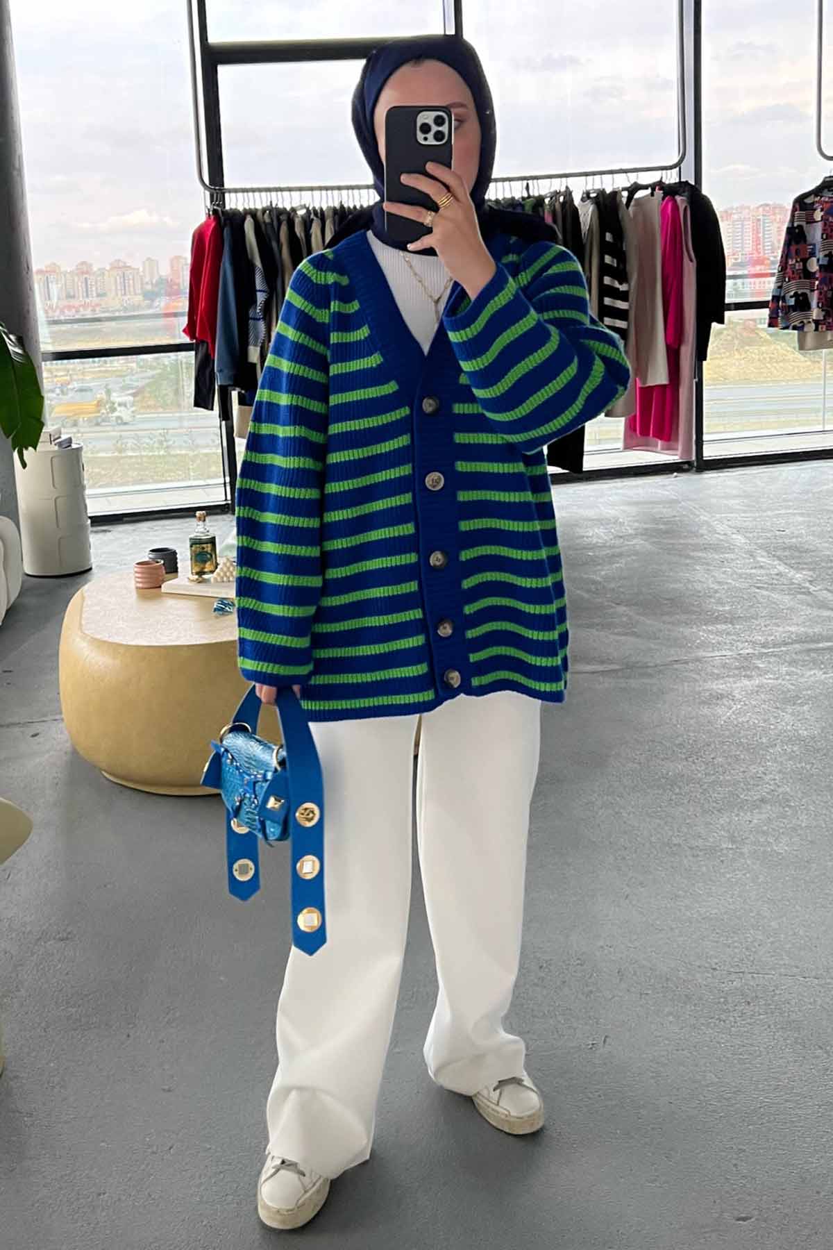 CARDIGAN LONG EN MAILLE À RAYURES - BLEU SAX