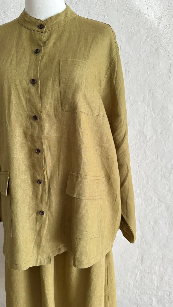 100% Linen 2-Pieces Top & Skirt Set -Khaki Green