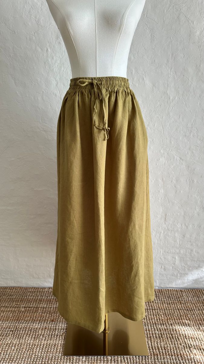 100% Linen 2-Pieces Top & Skirt Set -Khaki Green