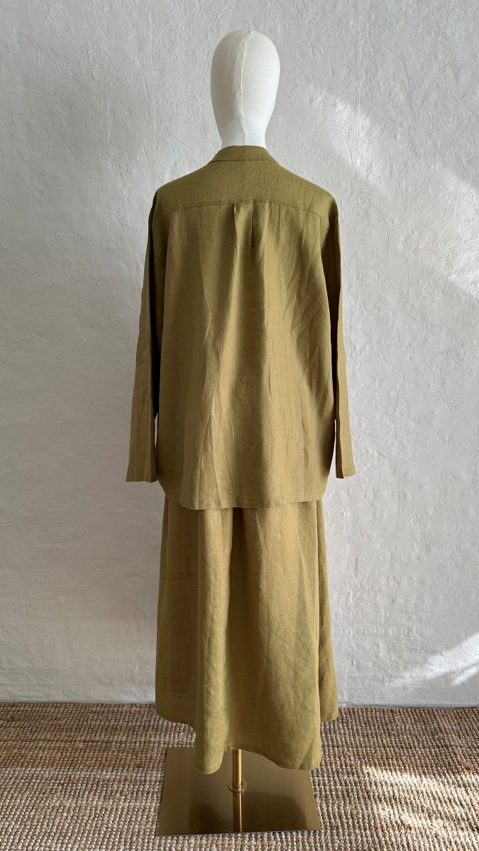 100% Linen 2-Pieces Top & Skirt Set -Khaki Green