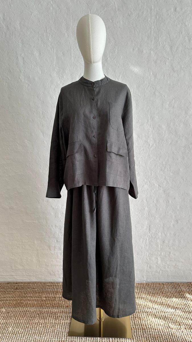 100% Linen 2-Pieces Top & Skirt Set - Black Green
