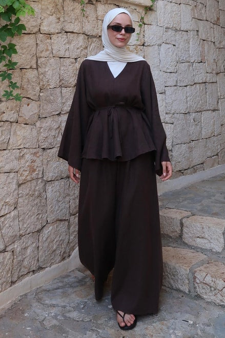 Alora Top β 100% Linen Blouse in Deep Brown | Adjustable Waist, Flowy Sleeves