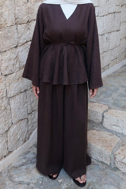 Alora Top β 100% Linen Blouse in Deep Brown | Adjustable Waist, Flowy Sleeves