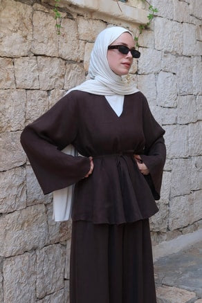 Alora Top β 100% Linen Blouse in Deep Brown | Adjustable Waist, Flowy Sleeves