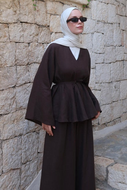 Alora Top β 100% Linen Blouse in Deep Brown | Adjustable Waist, Flowy Sleeves
