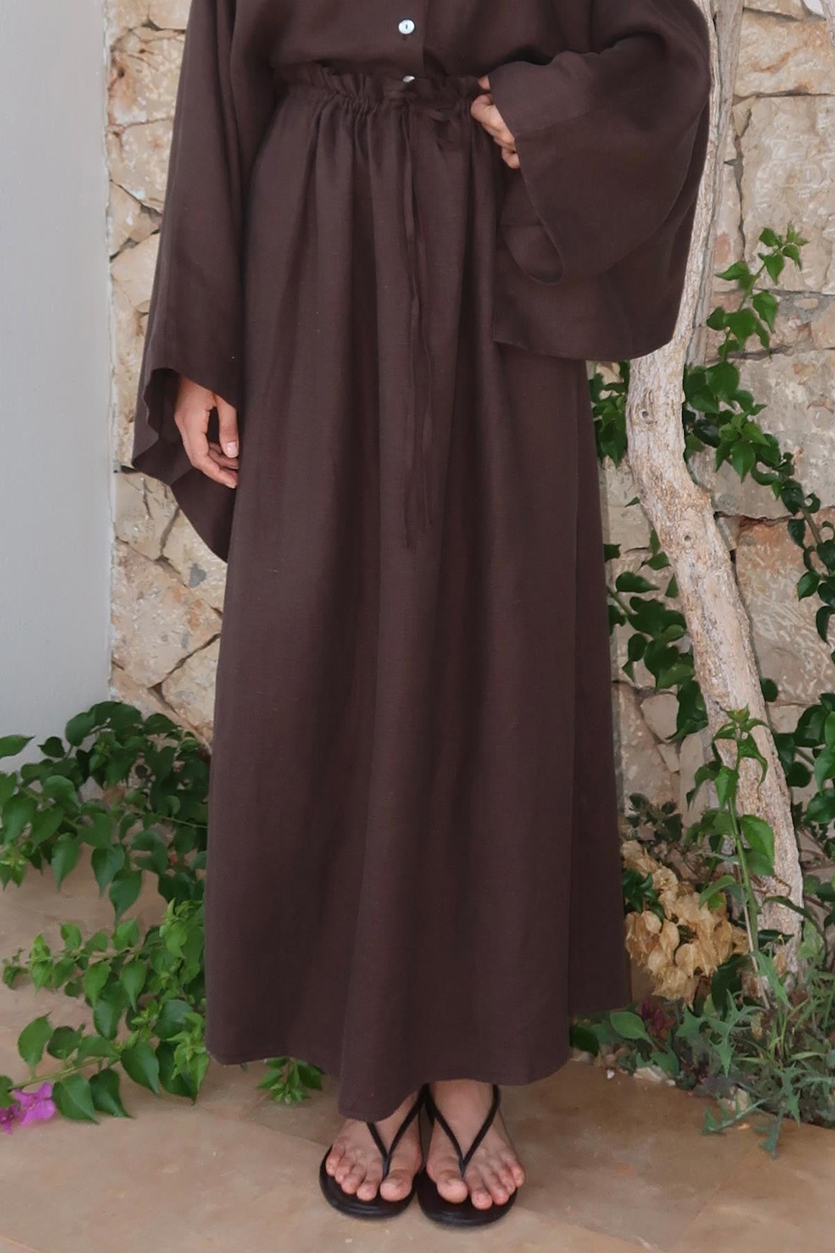 Ayla Skirt – 100% Linen Maxi Skirt in Deep Brown | High Waist, Natural Flow