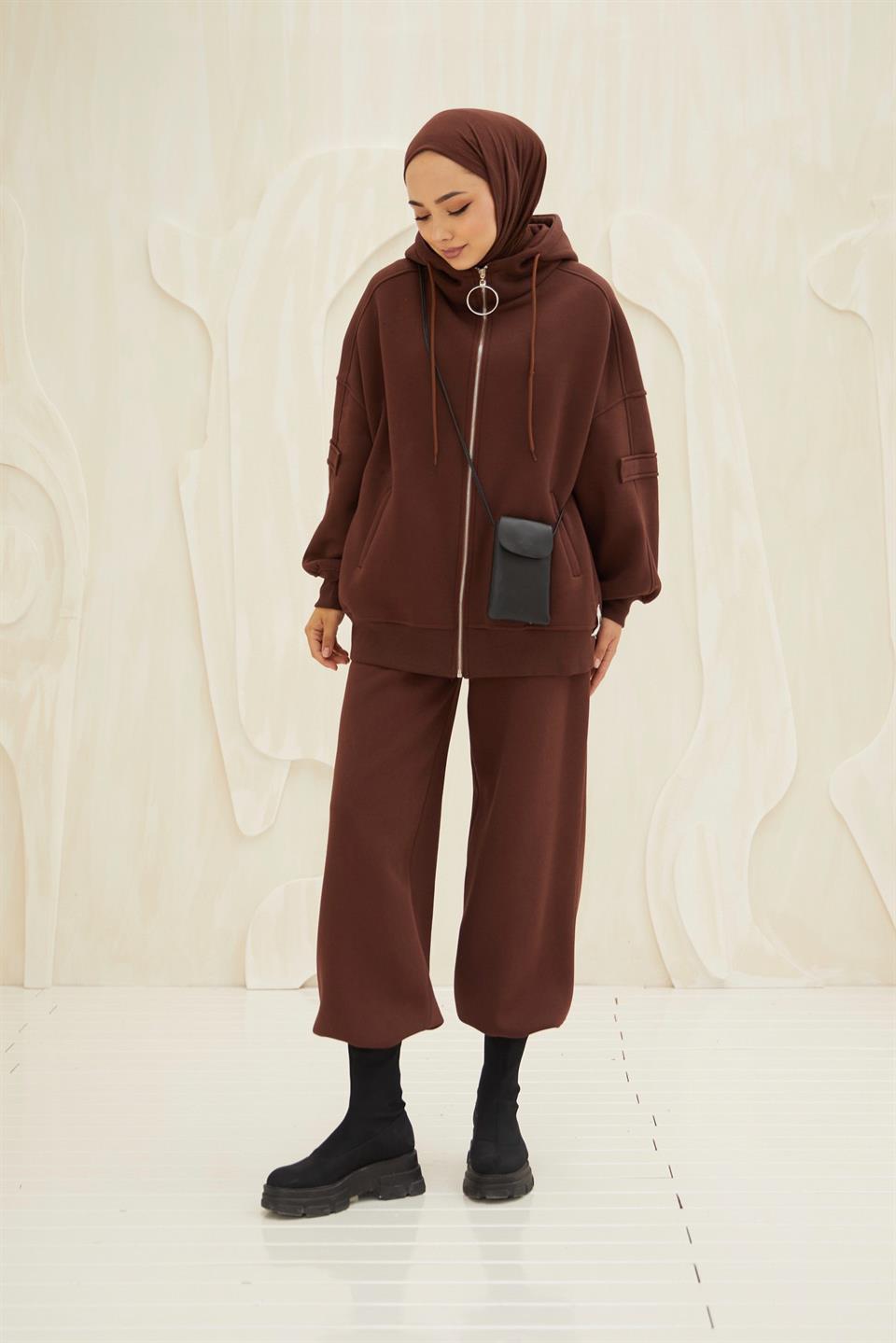 BROWN - THREE THREAD FLEECE ZIP HOODIE & SWEATPANT SET