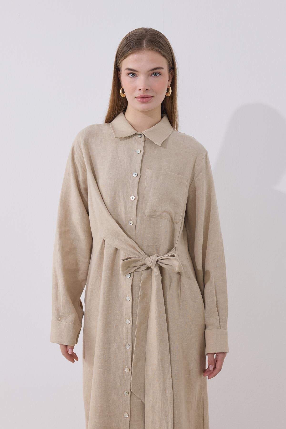 Mira %100 Linen Dress - Beige