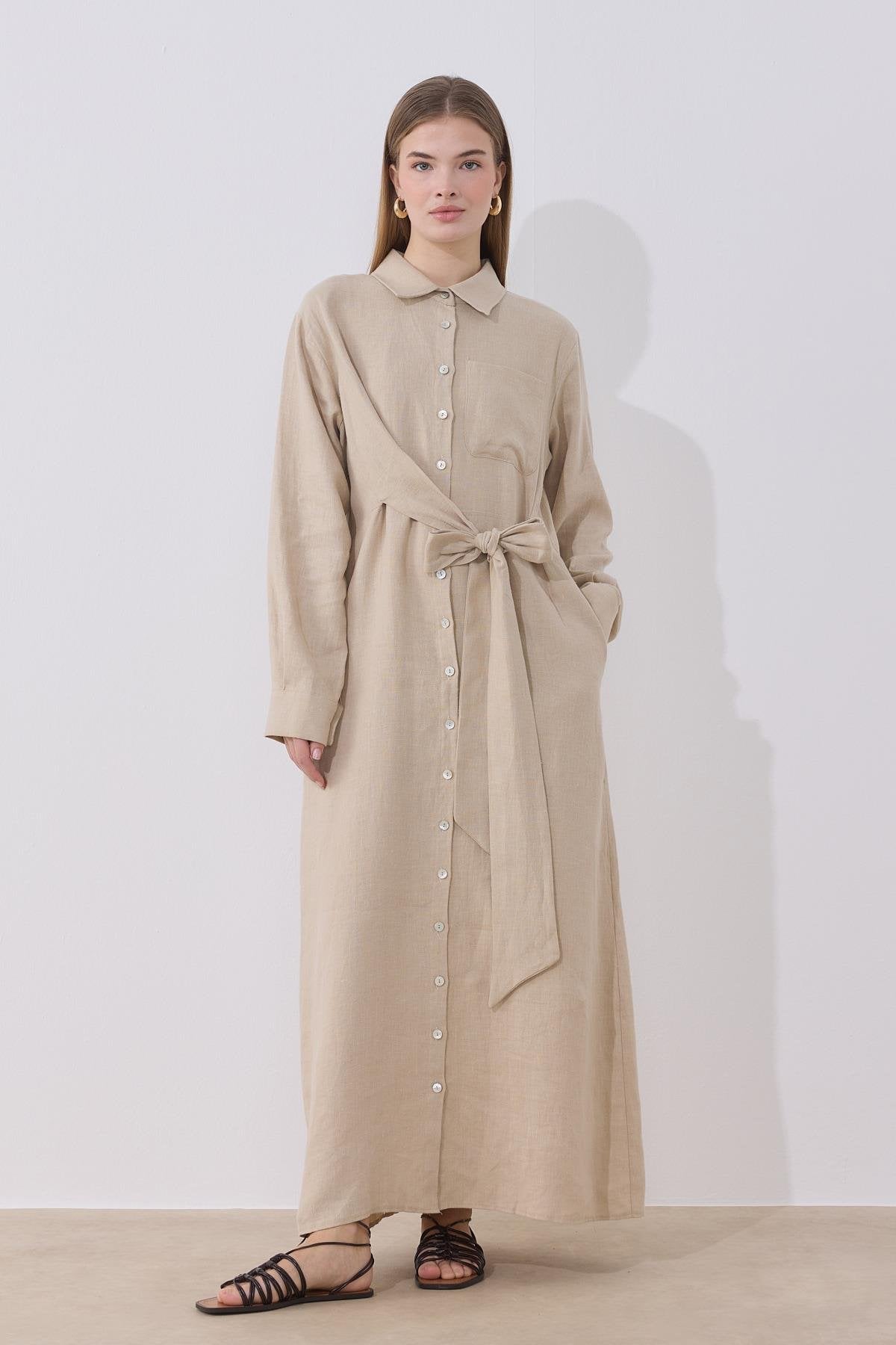 Mira %100 Linen Dress - Beige