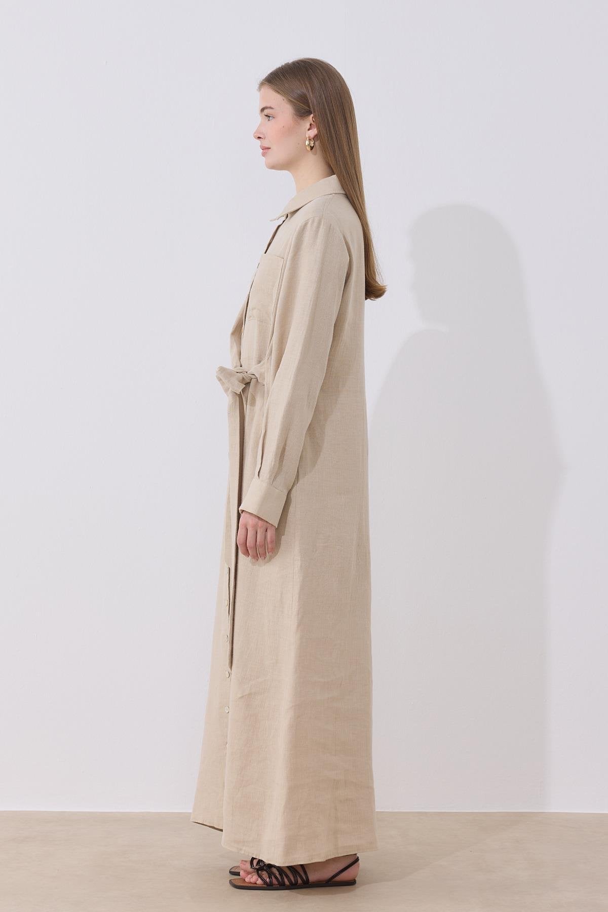 Mira %100 Linen Dress - Beige