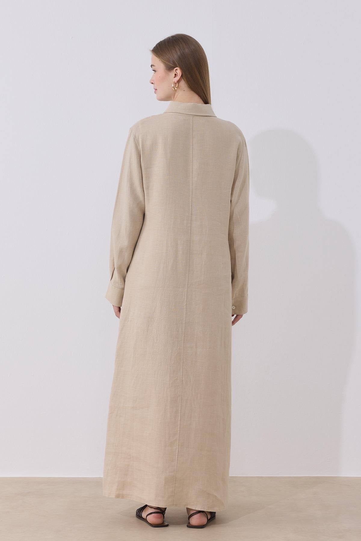 Mira %100 Linen Dress - Beige